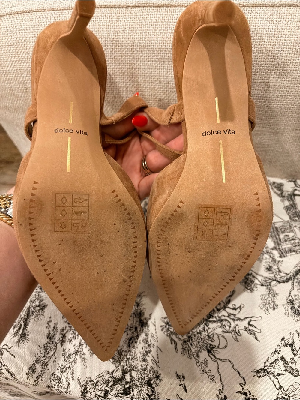 Dolce Vita Tan Suede Pointed Mule with Thin Instep Strap - Picture 2 of 3